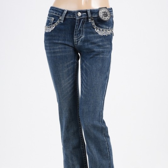 Motorcycle Wing Boot Leg Jeans w/Rhinestone Detail - Picture 6 of 8